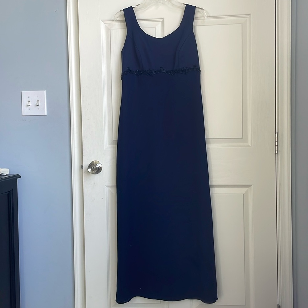 Navy blue formal empire waist dress with beaded appliqué and train